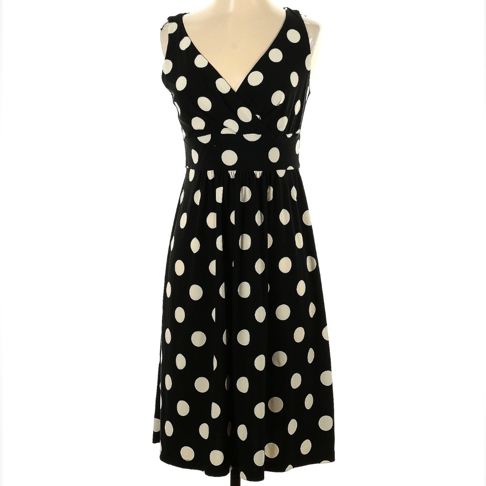 Chaps stretch black white polka dot dress